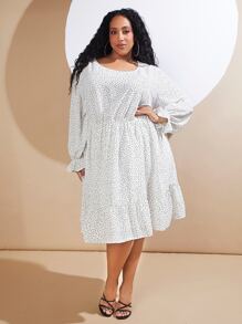 SHEIN CURVE+ Plus Polka Dot Print Flounce Sleeve Ruffle Hem Smock Dress - White - View 3