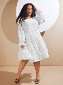 SHEIN CURVE+ Plus Polka Dot Print Flounce Sleeve Ruffle Hem Smock Dress - White - View 4