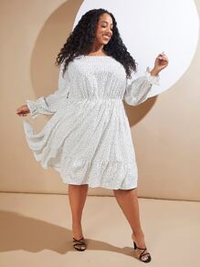 SHEIN CURVE+ Plus Polka Dot Print Flounce Sleeve Ruffle Hem Smock Dress - White - View 5