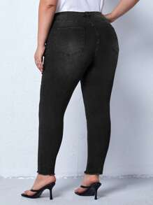 SHEIN Privé Plus High Waist Raw Hem Skinny Jeans - Black - View 2