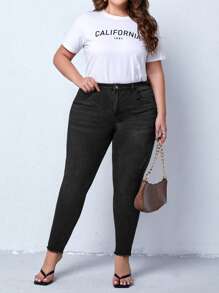 SHEIN Privé Plus High Waist Raw Hem Skinny Jeans - Black - View 3