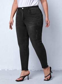 SHEIN Privé Plus High Waist Raw Hem Skinny Jeans - Black - View 4