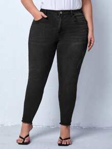 SHEIN Privé Plus High Waist Raw Hem Skinny Jeans - Black - View 5