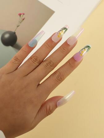 24 piezas de uñas postizas en forma de ataúd con patrón floral, 1 hoja de cinta y 1 lima de uñas, suministros de uñas