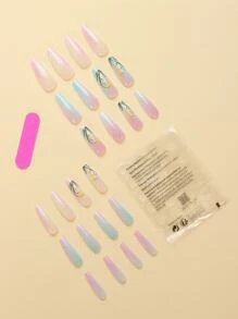 24Pcs Long Coffin Floral Pattern Fake Nail & 1Sheet Tape & 1Pc Nail File Press On Nails Nail Supplies Nails