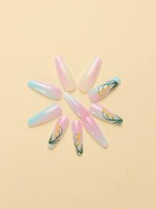 24Pcs Long Coffin Floral Pattern Fake Nail & 1Sheet Tape & 1Pc Nail File Press On Nails Nail Supplies Nails