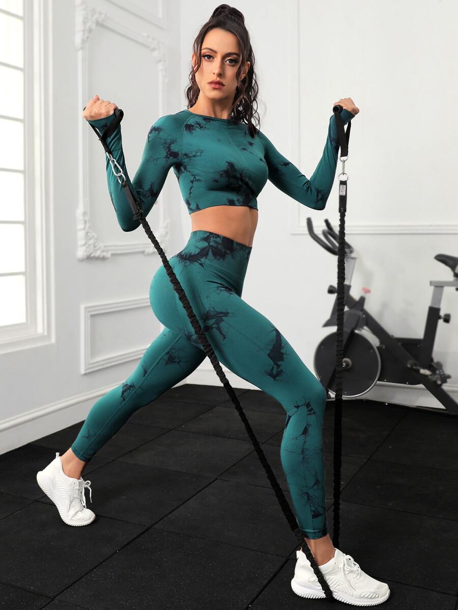 Yoga Trendy 2 piezas Conjunto de ropa deportiva inconsútil con tinte de corbata, conjunto de gimnasio, camiseta deportiva de manga raglán y mallas con control de barriga - Multicolor - Ver 1