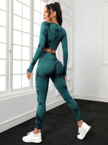 Yoga Trendy 2 piezas Conjunto de ropa deportiva inconsútil con tinte de corbata, conjunto de gimnasio, camiseta deportiva de manga raglán y mallas con control de barriga - Multicolor - Ver 2