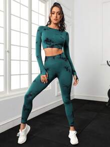 Yoga Trendy 2 piezas Conjunto de ropa deportiva inconsútil con tinte de corbata, conjunto de gimnasio, camiseta deportiva de manga raglán y mallas con control de barriga - Multicolor - Ver 6