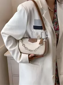 字母圖案鏈條裝飾法棍包 - 米色 - 查看 1