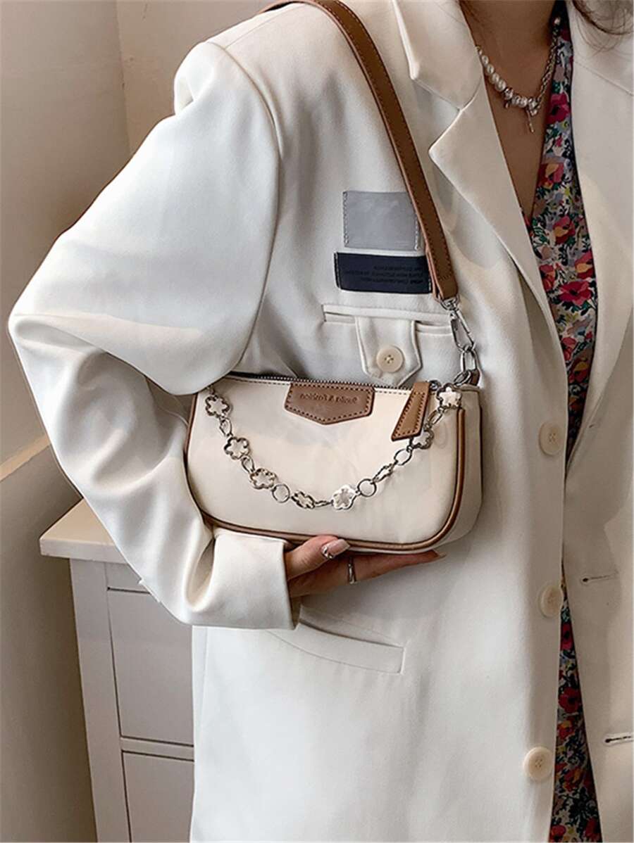 字母圖案鏈條裝飾法棍包 - 米色 - 查看 1