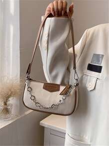 字母圖案鏈條裝飾法棍包 - 米色 - 查看 2