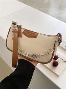 字母圖案鏈條裝飾法棍包 - 米色 - 查看 3