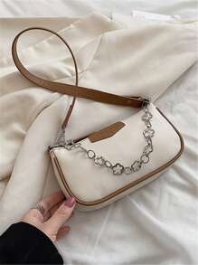 字母圖案鏈條裝飾法棍包 - 米色 - 查看 4