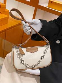 字母圖案鏈條裝飾法棍包 - 米色 - 查看 6