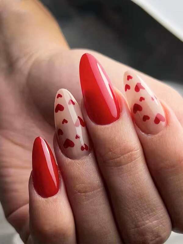 Instantly Upgrade Your Look with 24pcs Long Almond Red Solid Heart Pattern Fake Nail & 1pc Nail File & 1sheet Nail Tape