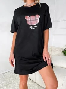 Cartoon Graphic Drop Shoulder Nightdress - Black - View 1