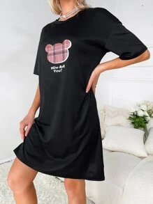 Cartoon Graphic Drop Shoulder Nightdress - Black - View 3
