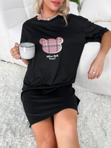 Cartoon Graphic Drop Shoulder Nightdress - Black - View 5