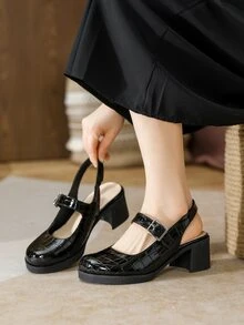 Crocodile Embossed Buckle Decor Chunky Heeled Slingback Pumps - Black - View 1