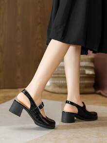 Crocodile Embossed Buckle Decor Chunky Heeled Slingback Pumps - Black - View 3