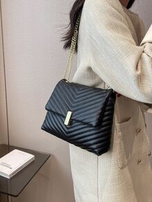 鋸齒紋衍縫鏈條翻蓋方包 - 黑色 - 查看 2