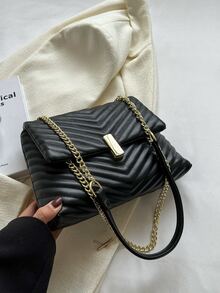 鋸齒紋衍縫鏈條翻蓋方包 - 黑色 - 查看 5