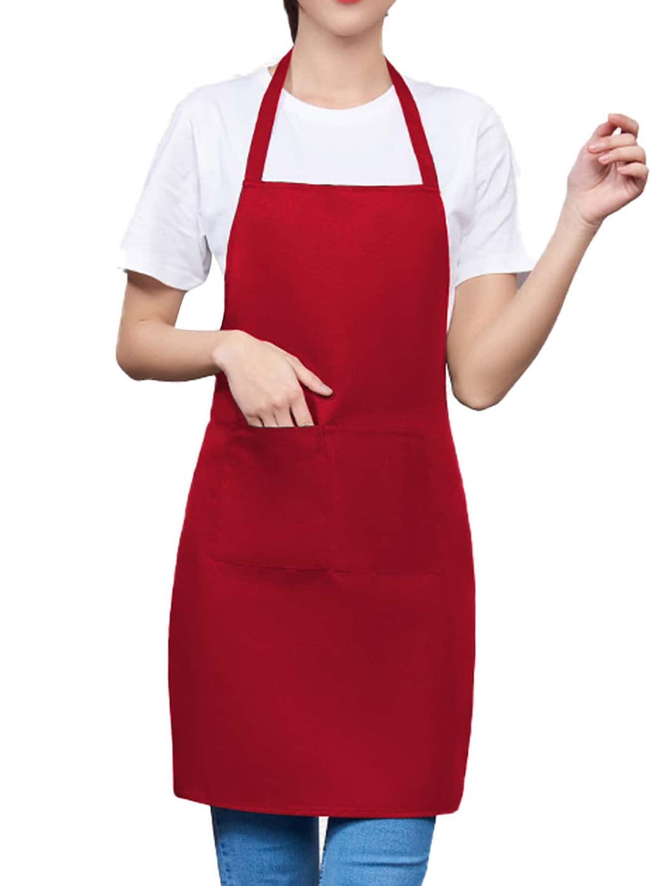 1pc Red Apron, Minimalist Polyester Chef Apron For Household - Burgundy - View 1