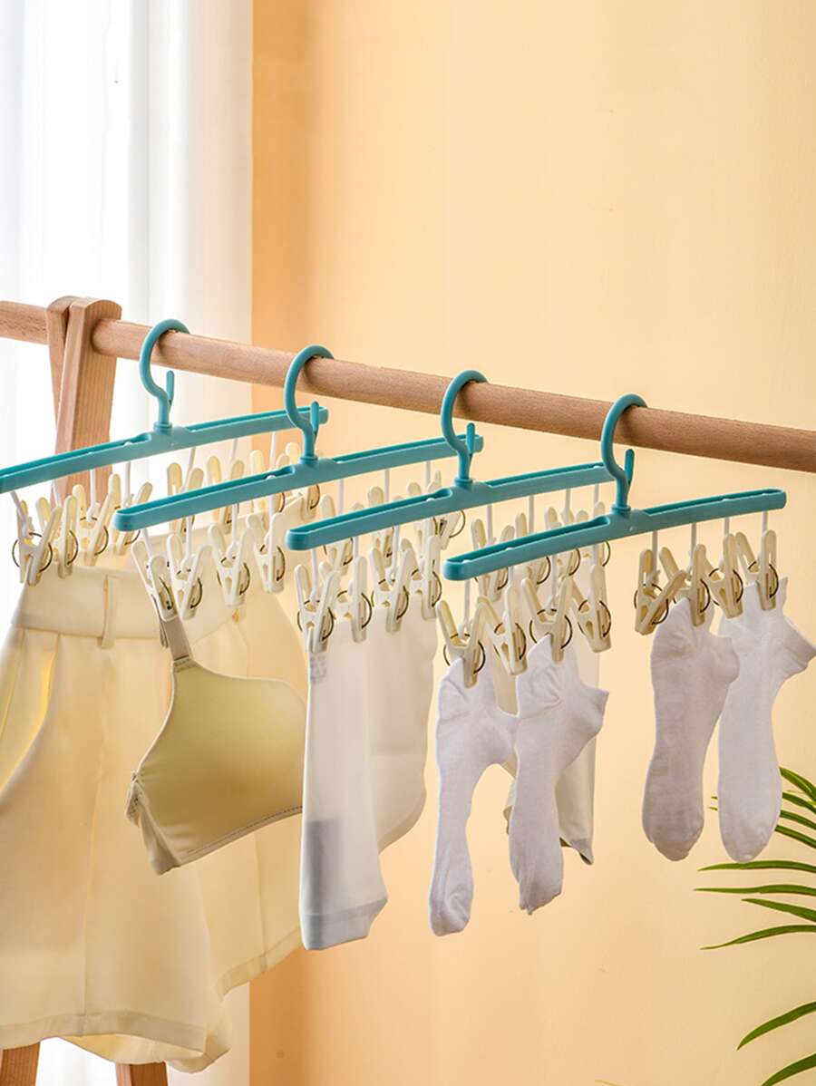 1pc Two Tone Clothes Drying Hanger With Clothespin - Multicolor - View 1