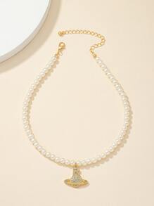 Rhinestone Planet Charm Faux Pearl Beaded Necklace - Yellow Gold - View 5