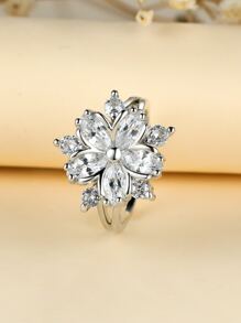 Cubic Zirconia Flower Decor Ring - Silver - View 1