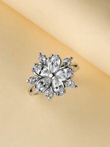 Cubic Zirconia Flower Decor Ring - Silver - View 2