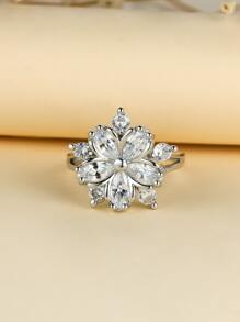 Cubic Zirconia Flower Decor Ring - Silver - View 3