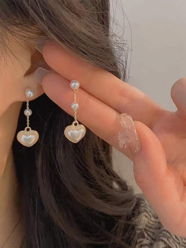 Faux Pearl Decor Heart Drop Earrings Valentines,Mom,Mother,Mother's Day,Gift