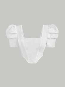 SHEIN MOD Square Neck Puff Sleeve Asymmetrical Hem Crop Blouse - White - View 1