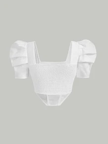 SHEIN MOD Square Neck Puff Sleeve Asymmetrical Hem Crop Blouse - White - View 2