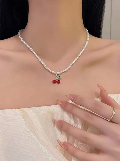Cherry Decor Faux Pearl Beaded Necklace