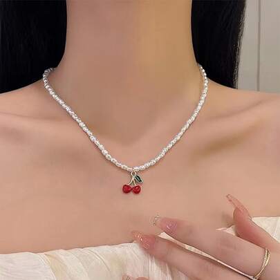 櫻桃裝飾人造珍珠串珠項鍊