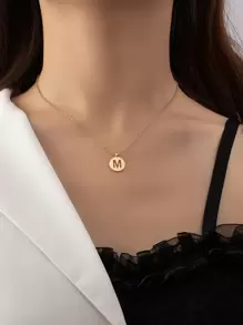 字母細節圓形吊飾項鍊 - 金黃色 - 查看 1