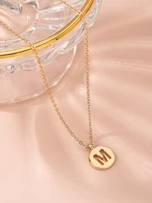 字母細節圓形吊飾項鍊 - 金黃色 - 查看 2