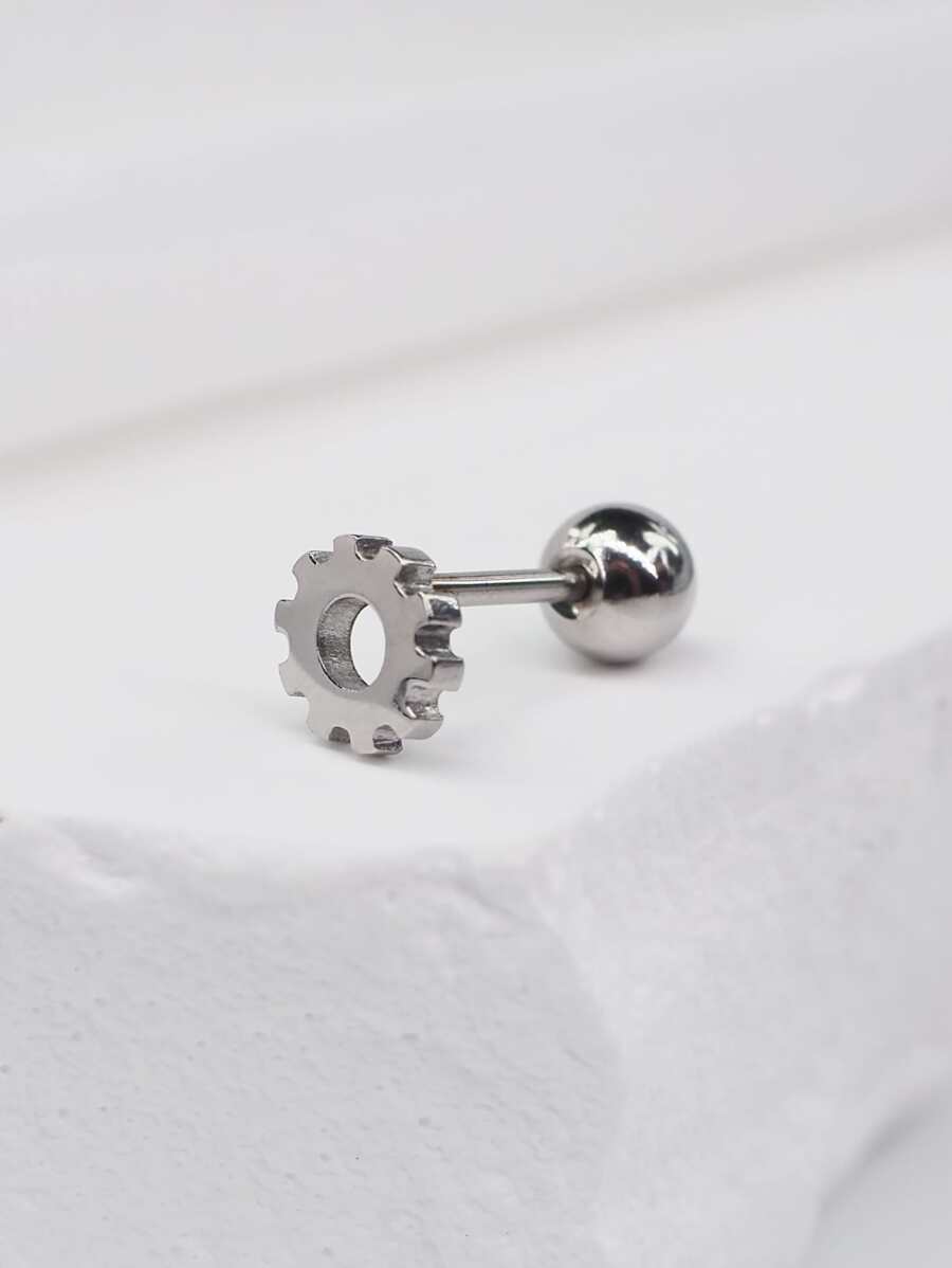 1pc Stainless Steel Gear Shaped Simple & Fashionable Stud Earring For Both Men And Women Daily Wear - Silver - View 1
