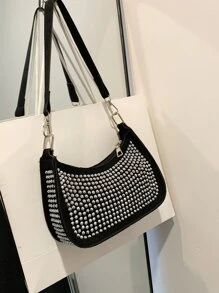 Mini Studded Decor Hobo Bag - Black - View 1