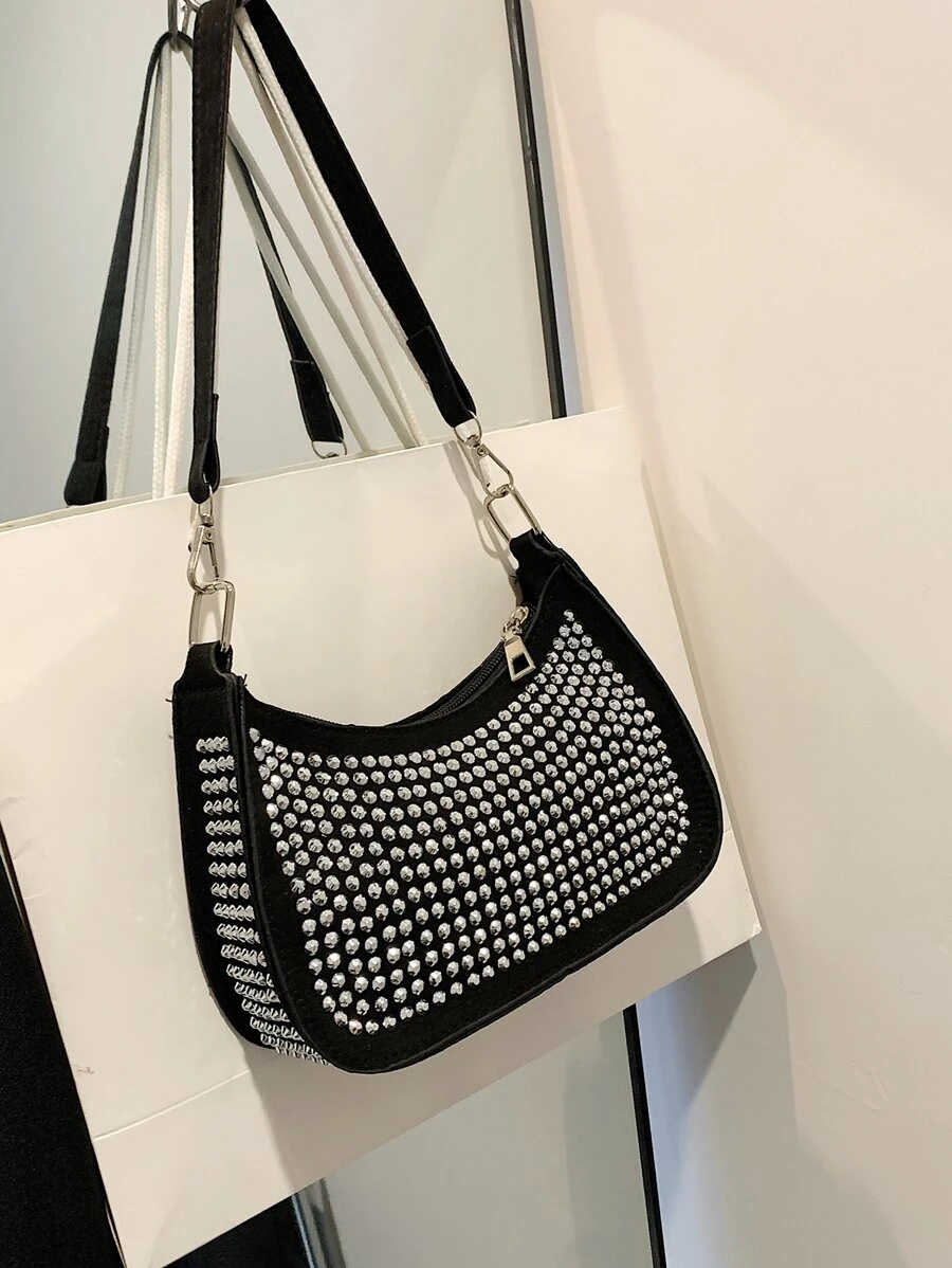 Mini Studded Decor Hobo Bag - Black - View 1