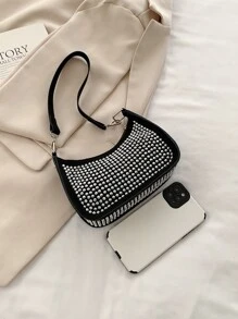 Mini Studded Decor Hobo Bag - Black - View 6