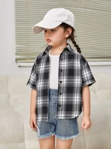 SHEIN 小女童格紋和卡通圖案落肩袖襯衫 - 黑與白 - 查看 2