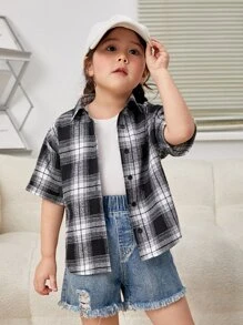 SHEIN 小女童格紋和卡通圖案落肩袖襯衫 - 黑與白 - 查看 4