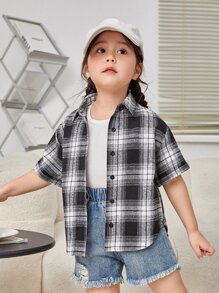 SHEIN 小女童格紋和卡通圖案落肩袖襯衫 - 黑與白 - 查看 5