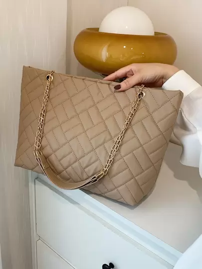 Bolso de mano ligero, portátil, de gran capacidad, informal, a la moda con detalles acolchados, elegante bolso grande artificial, elegante bolso de hombro con cadena para niñas, mujeres, estudiantes universitarios, novatos y trabajadores de cuello blanco para otoño, invierno esencial, para el trabajo, oficina, Viaje diario, para otoño e invierno, al aire libre