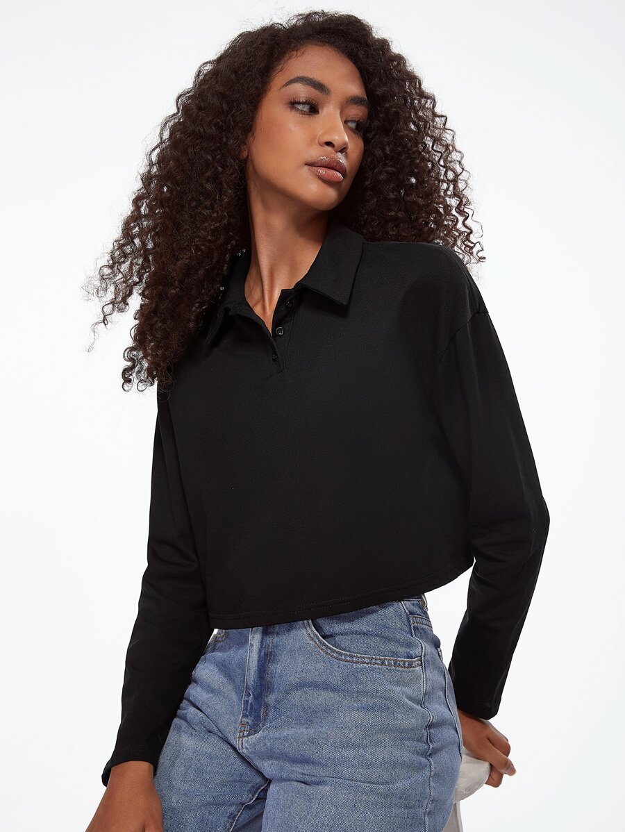 SHEIN BASICS Solid Drop Shoulder Tee - Black - View 1