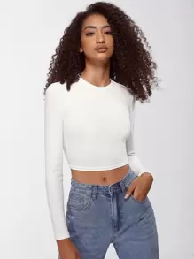 SHEIN BASICS Solid Crop Tee - White - View 1